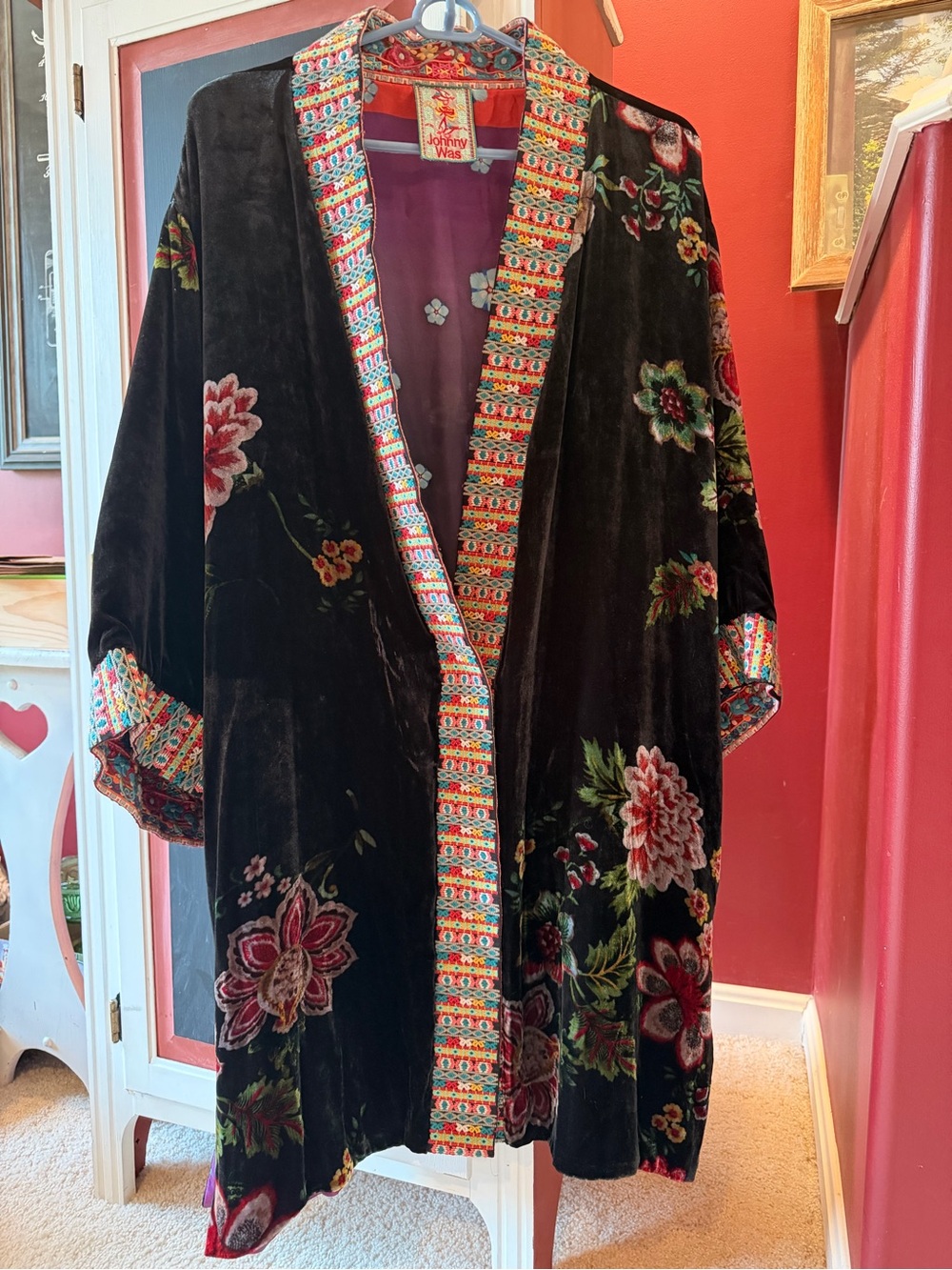 Johnny Was Black Velvet Floral Embroidered Kimono with Colorful Trim